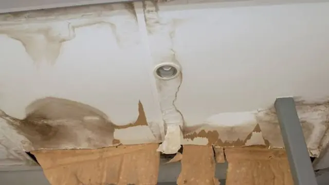 Water-stained ceiling with peeling paint and exposed backing around a light fixture
