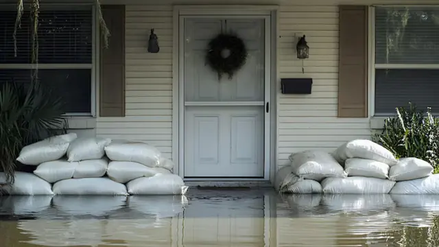Sandbags stacked at a front door with floodwater at the entry