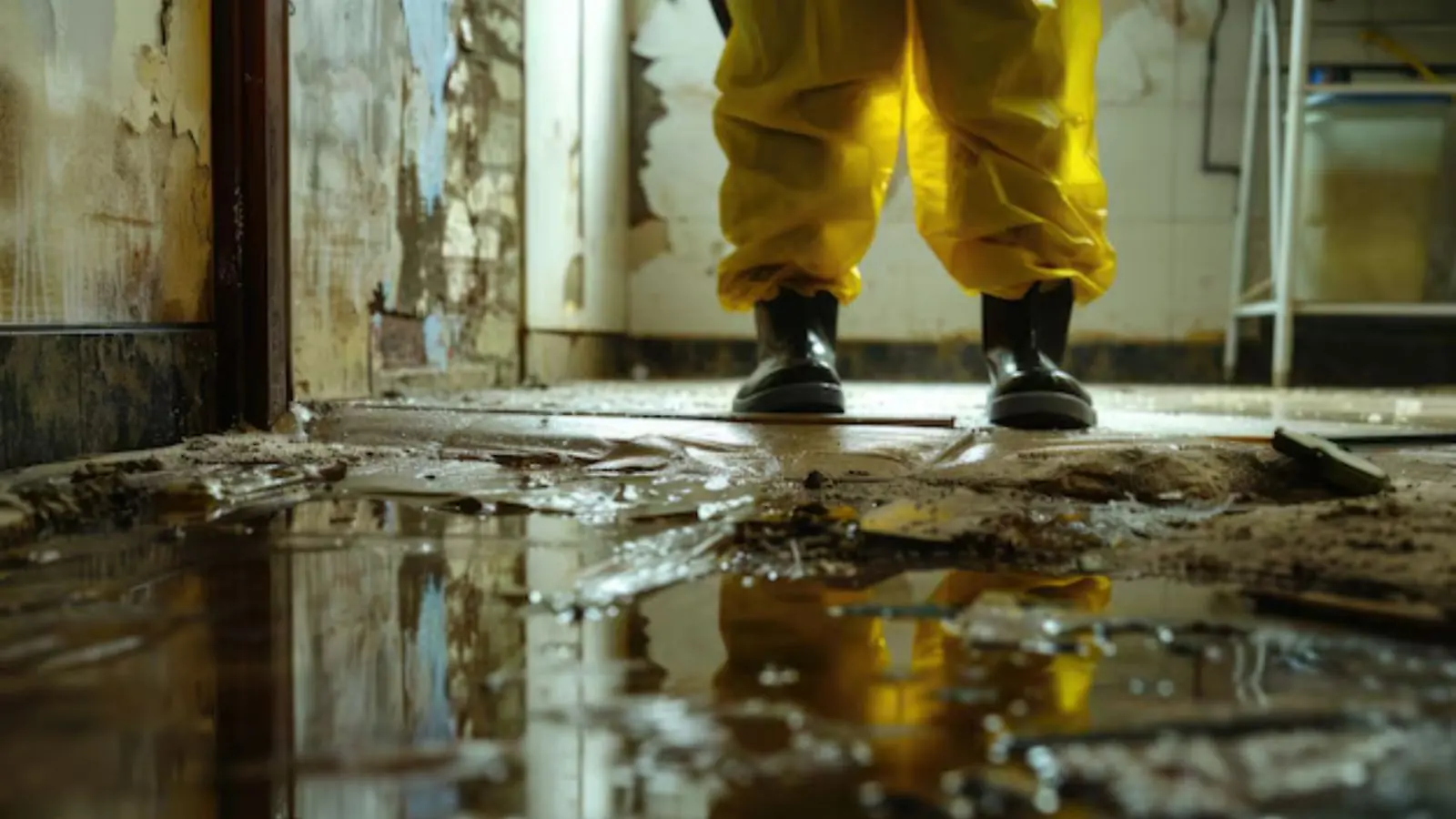 Worker in a yellow suit standing in muddy water inside a damaged room