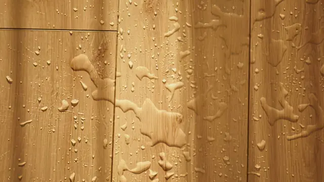 Water droplets and moisture on a wood floor